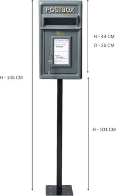 Post Box Classic Grey Large Letter Box Lockable With 2 Keys, Pole ...