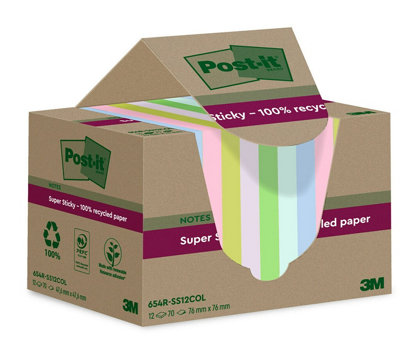 Post-it Super Sticky 100% Recycled Notes, Pack of 12 Pads, 76 mm x 76 ...