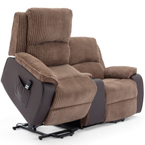 POSTANA DUAL MOTOR RISE RECLINER 2 SEATER JUMBO CORD DRINKS CONSOLE MOBILITY SOFA (Brown)