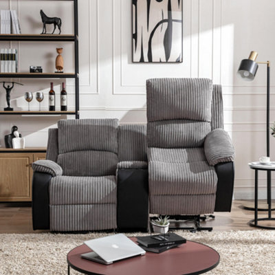 Postana Dual Motor Rise Recliner 2 Seater Jumbo Cord Drinks Console Mobility Sofa Grey DIY at B Q