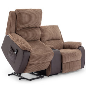 POSTANA SINGLE MOTOR RISE RECLINER 2 SEATER JUMBO CORD DRINKS CONSOLE MOBILITY SOFA (Brown)
