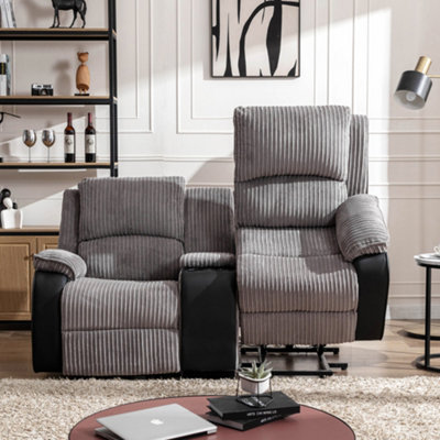 Postana Single Motor Rise Recliner 2 Seater Jumbo Cord Drinks Console Mobility Sofa (Grey)