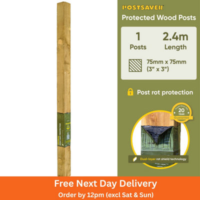 Postsaver Pro-Post - 3x3" Treated Fence Post (W) 75x75mm (H) 2.4m 20 Year Guarantee - Rot Protector Pre-applied
