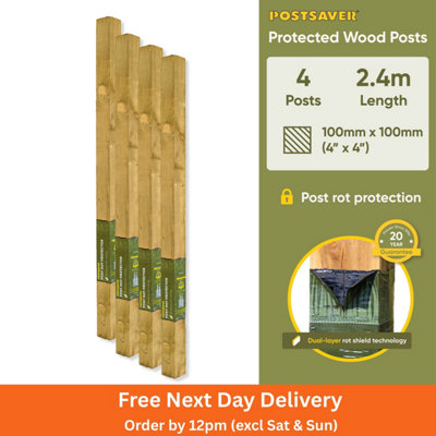 Postsaver Pro-Post - 4x4" Treated Fence Posts (W) 100x100mm (H) 2.4m (4 Pack) 20 Year Guarantee - Rot Protector Pre-applied