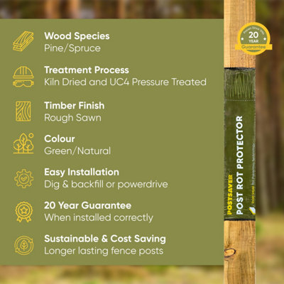 Postsaver Pro-Post - 4x4" Treated Fence Posts (W) 100x100mm (H) 2.4m (4 Pack) 20 Year Guarantee - Rot Protector Pre-applied