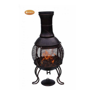Pot belly steel chimenea with central mesh screen.