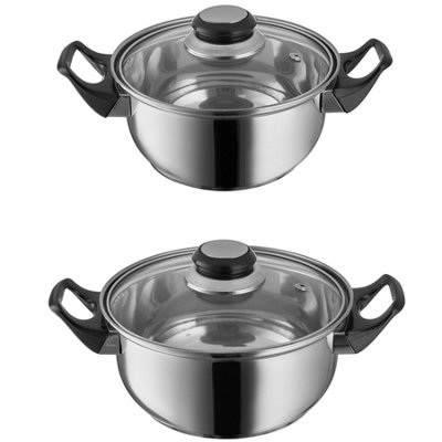 Pots and pans set with glass lid, stainless steel - silver