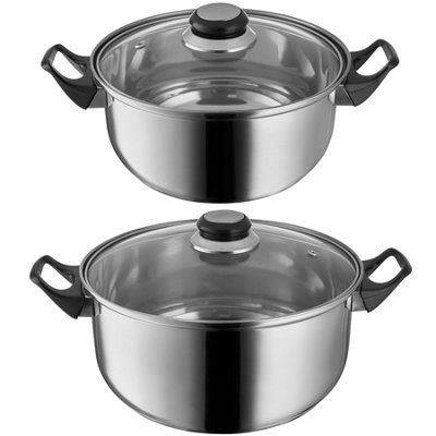 Pots and pans set with glass lid, stainless steel - silver