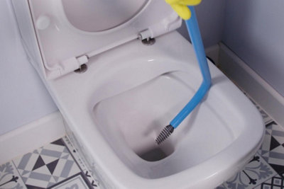 Person holding a toilet auger above a toilet bowl ready to push it into the toilet.