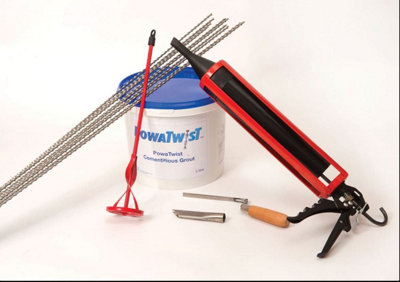 PowaTwist Crack Stitching Kit (10 no. 6mm x 1m Helical Bars, 3L Grout, Mortar Gun, Nozzle, Mixing Paddle & Finger Trowel)