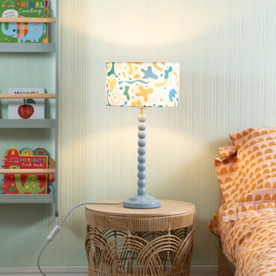 Powder Blue Bobbin Stem Table Lamp with Abstract Shapes Drum Shade for Living Room Bedroom - LED Bulb Included