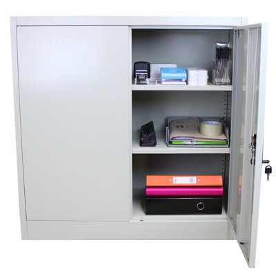 Powder Coated Steel Light Grey Office 2 Doors Filing Cabinet Flatpack Document File Lockable Storage 90cm