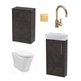 Power Cloakroom Bundle - Left Floor Vanity Unit, Concealed Cistern WC Unit, Toilet & Tap, 440mm - Slate/Brass - Balterley