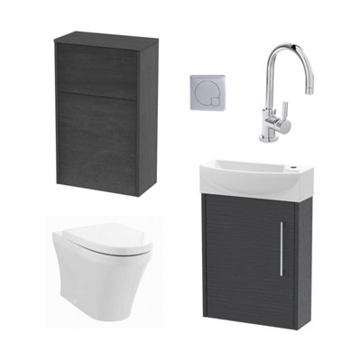 Power Cloakroom Bundle - Left Wall Hung Vanity Unit, Concealed Cistern WC Unit, Toilet & Tap, 440mm - Graphite/Chrome - Balterley