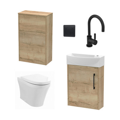 Power Cloakroom Bundle - Left Wall Hung Vanity Unit, Concealed Cistern WC Unit, Toilet & Tap, 440mm - Oak/Black - Balterley