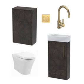 Power Cloakroom Bundle - Right Floor Vanity Unit, Concealed Cistern WC Unit, Toilet & Tap, 440mm - Slate/Brass - Balterley