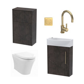 Power Cloakroom Bundle - Right Wall Hung Vanity Unit, Concealed Cistern WC Unit, Toilet & Tap, 440mm - Slate/Brass - Balterley
