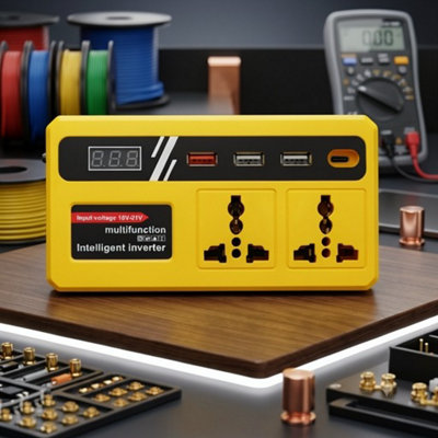 Power Inverter, Battery Converter, 4 USB Ports and 2 AC Sockets, Yellow