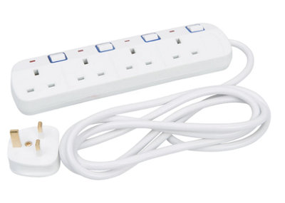 Powermaster Extension Lead with Individual Switches 4 Gang Sockets 13A with Neon Power Indicators - 2m Length