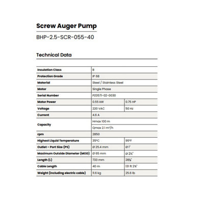 Pozzani Submersible 2.5" Borehole / Well / Tank Stainless Steel Screw Auger Pump 0.55kW - 40mtrs cable