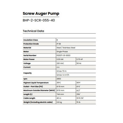 Pozzani Submersible 2" Borehole / Well / Tank Pump - Stainless Steel Screw Auger Pump 0.55kw - 40m cable