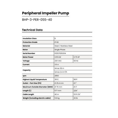 Pozzani Submersible 3" Borehole / Well / Tank Peripheral Pump 0.55kW 220v 40mts cable