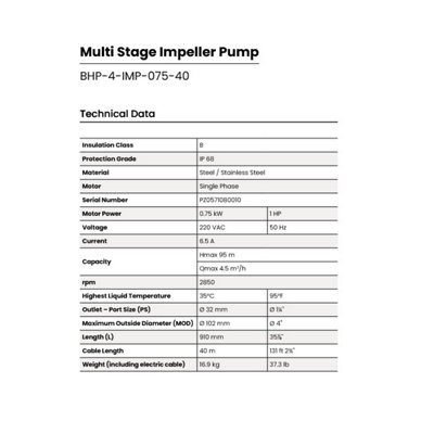 Pozzani Submersible 4" Borehole / Well / Tank Multi Stage Impeller Pump 0.75kW 220v 40mts cable