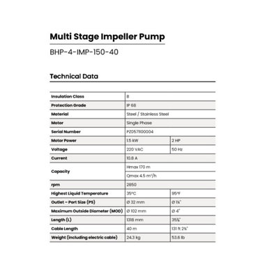 Pozzani Submersible 4" Borehole Well / Tank Multi Stage Impeller Pump 1.5kW 220v 40mts cable