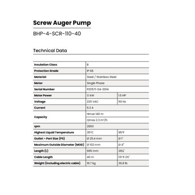 Pozzani Submersible 4" Borehole / Well / Tank Stainless Steel Screw Auger Pump 1.1kW 220v 40mts cable