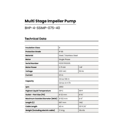 Pozzani Submersible 4" Borehole / Well / Tank Water - Stainless Steel Multi Stage Impeller Pump 0.75kW 220v 40mts cable