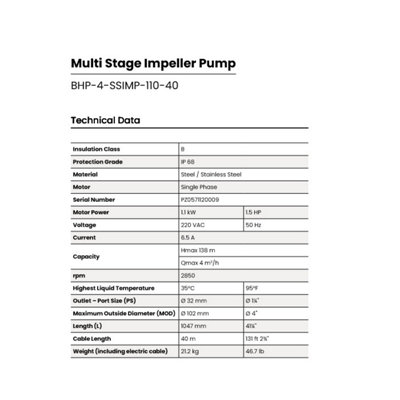 Pozzani Submersible 4" Borehole / Well/ Tank Water Stainless Steel Multi Stage Impeller Pump 1.1kW 220v 40mts cable