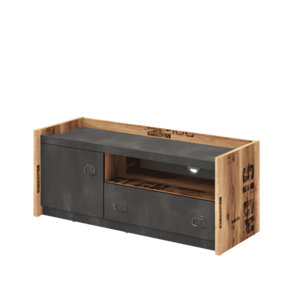 Practical Fargo TV Cabinet with Drawer and Open Compartment in Raw Steel & Canyon Alpine Spruce (W1100mm x H460mm x D420mm)