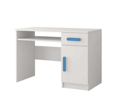 Practical White Computer Desk H760mm W1100mm D500mm - Blue Handles for Serene Study Areas