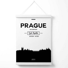 Prague Black and White City Skyline Poster with Hanger / 33cm / White