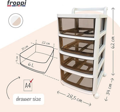 Pre-Assembled Storage Unit, Storage Drawers, White Plastic Storage 4 Drawer Organizer by Froppi™ L28.5 W34 H62 cm