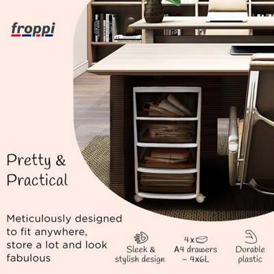 Pre-Assembled Storage Unit, Storage Drawers, White Plastic Storage 4 Drawer Organizer by Froppi™ L28.5 W34 H62 cm