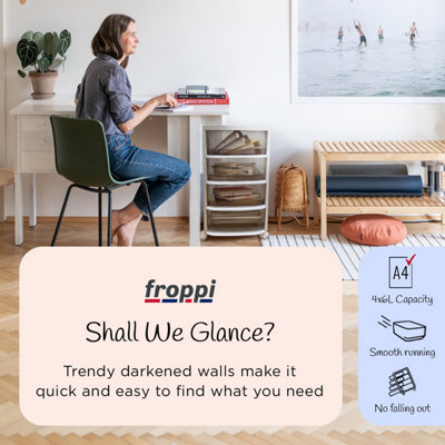 Pre-Assembled Storage Unit, Storage Drawers, White Plastic Storage 4 Drawer Organizer by Froppi™ L28.5 W34 H62 cm