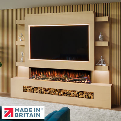 Pre-Built Media Wall Package 15, Includes 60 Inch Spectrum 3-Sided Electric Fireplace, TV Feature Wall with LED Flame Effect