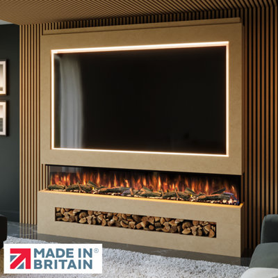 Pre-Built Media Wall Package 16, Includes 82 Inch Spectrum 3-Sided Electric Fireplace, TV Feature Wall with LED Flame Effect