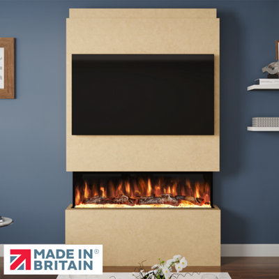 Pre-Built Media Wall Package 18, Includes 44 Inch Spectrum 3-Sided Electric Fireplace, TV Feature Wall with LED Flame Effect