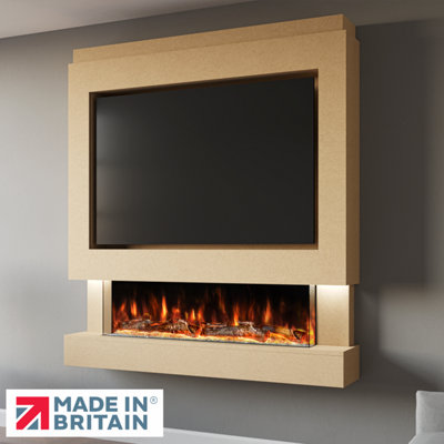 Pre-Built Media Wall Package 4, Includes 44 Inch Spectrum 3-Sided Electric Fireplace, TV Feature Wall with LED Flame Effect