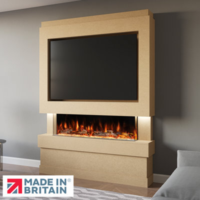 Pre-Built Media Wall Package 5, Includes 44 Inch Spectrum 3-Sided Electric Fireplace, TV Feature Wall with LED Flame Effect