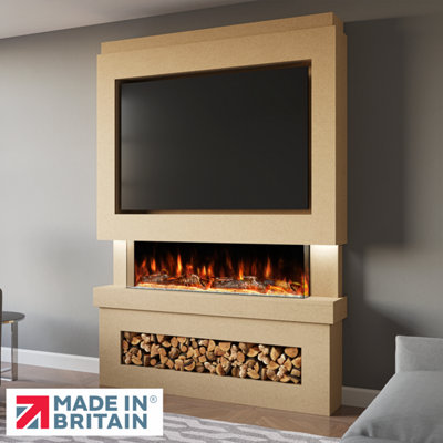 Pre-Built Media Wall Package 6, Includes 44 Inch Spectrum 3-Sided Electric Fireplace, TV Feature Wall with LED Flame Effect