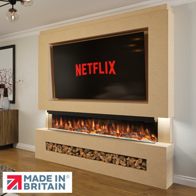 Pre-Built Media Wall Package 7, Includes 72 Inch Spectrum 3-Sided Electric Fireplace, TV Feature Wall with LED Flame Effect