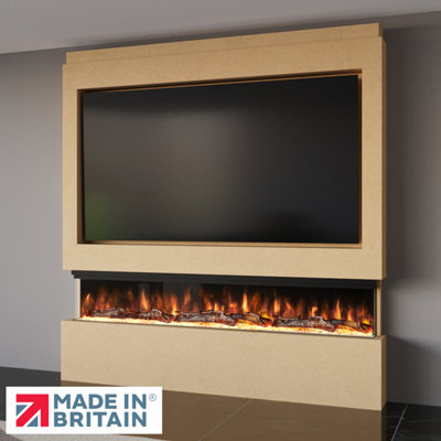 Pre-Built Media Wall Package 9, Includes 72 Inch Spectrum 3-Sided Electric Fireplace, TV Feature Wall with LED Flame Effect