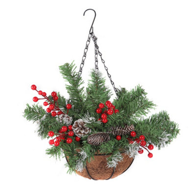 Pre Lit Artificial Christmas Pine Cone Red Berries Hanging Basket Christmas Decoration Xmas Ornament