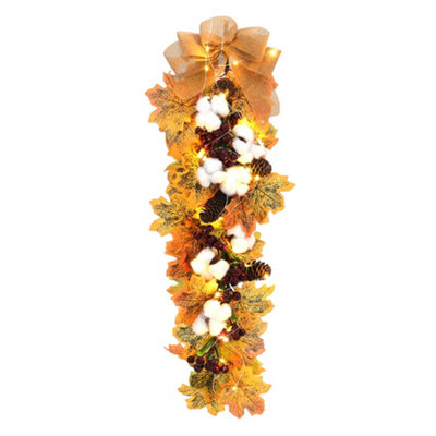 Pre Lit Halloween Maple Leaves Wall Decoration Autumn Cotton Swag with LED Light 50cm