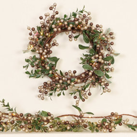 Pre-Lit Indoor Copper Gold Berry 38cm Wreath and 1.6m Garland Christmas Decorations