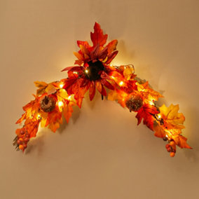 Pre Lit Maple Leaves Door Pendant Artificial Sunflower Floral Swag with LED Light 60CM