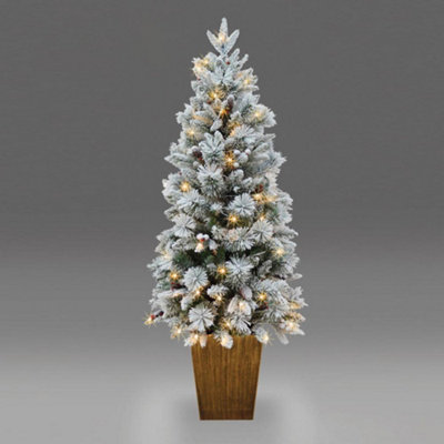 Pre Lit Potted Snow Flocked Christmas Tree with Pine Cones and Red ...